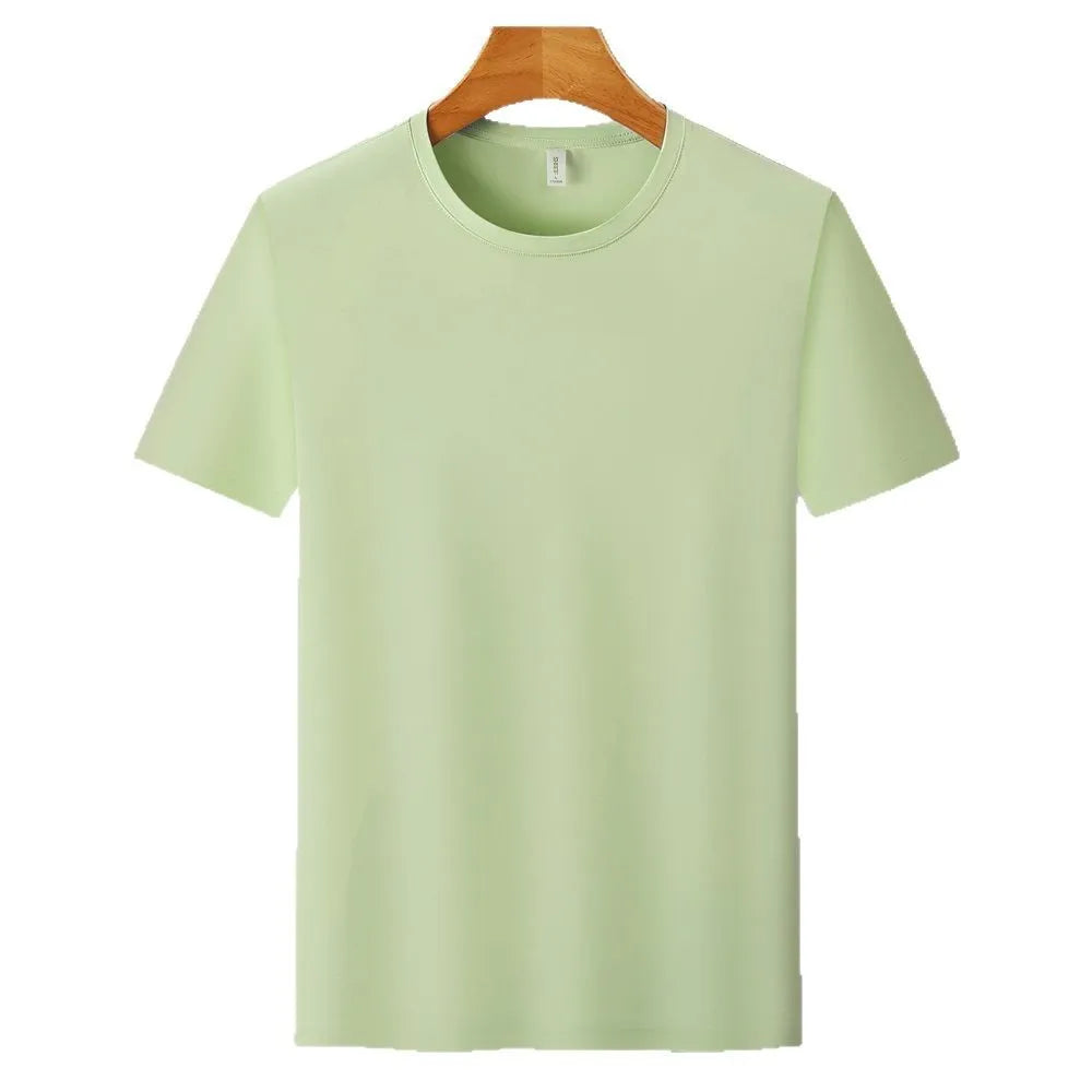 Man wearing a solid colour ice silk slim fit short sleeve t-shirt for summer.