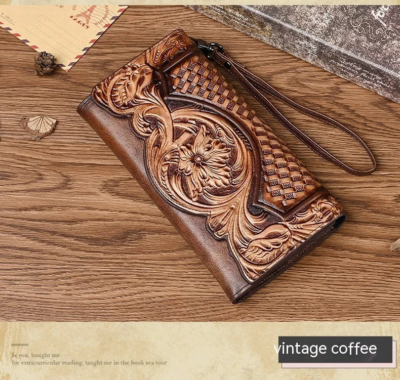 Chinese style embossed tri-fold leather wallet in retro brown colour showing floral pattern