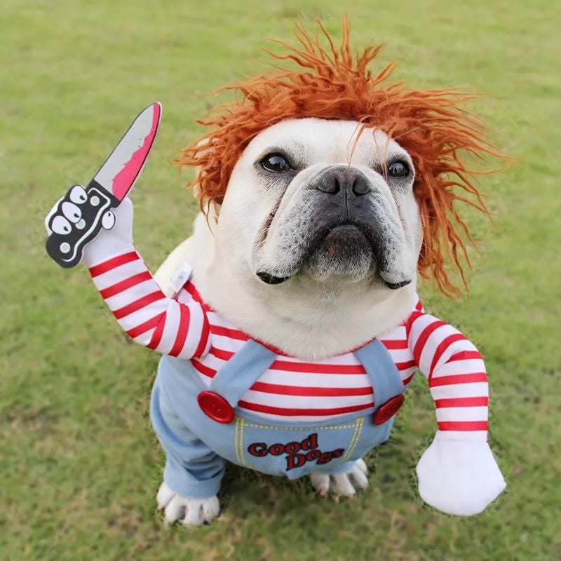 Red polyester adjustable Halloween dog costume with wig and foam knife for pet cosplay parties
