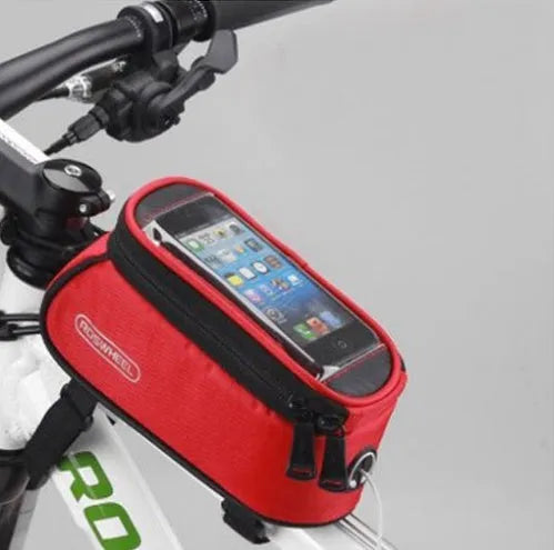 ROSWHEEL black bicycle frame bag mounted on bike, holding an iPhone, showing size scale.