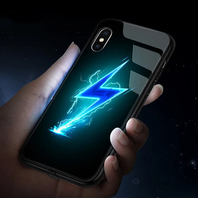 Voice-activated iPhone case with LED flash light and tempered glass back in cool lightning design.