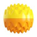Blue and orange squeaky rubber dog ball with spiky texture for teeth cleaning and water fetch