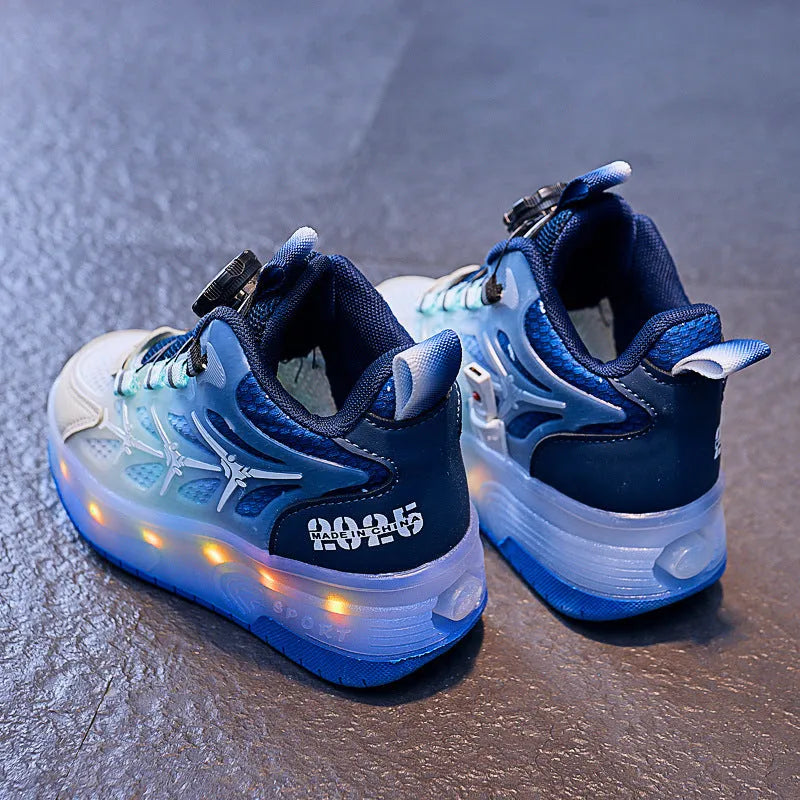 Children's striped roller skates with flash knob adjustment in blue, black, or pink colours on PVC soles