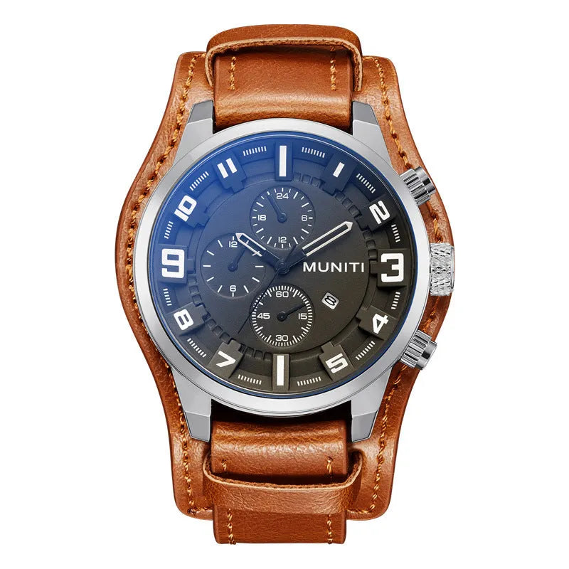 MUNITI Munich men's quartz watch with black metal case, black dial, black PU strap, 48mm dial diameter
