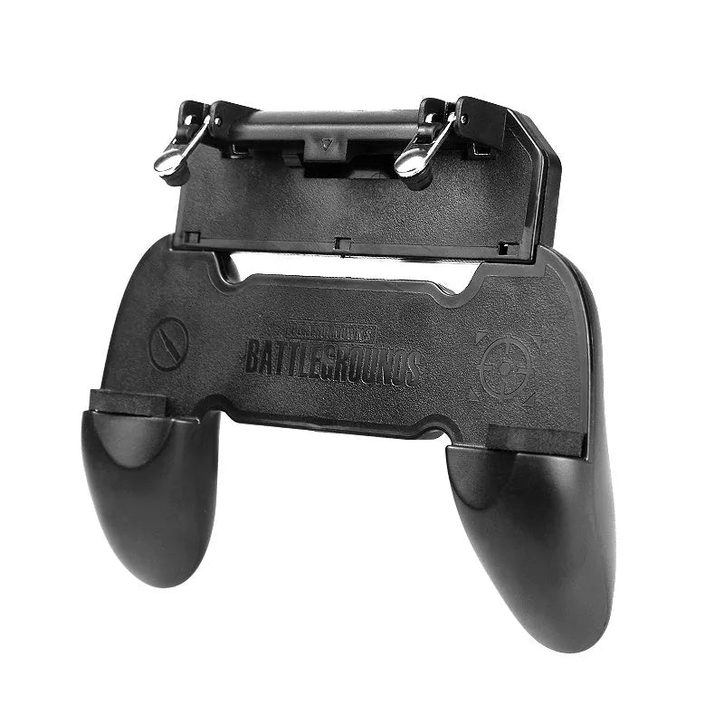 Black and brown-black mobile phone plug-in gamepad handle controller for gaming.