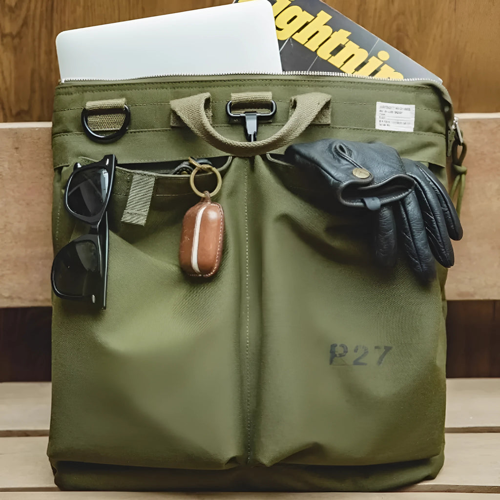 Marden Tooling canvas crossbody bag in military green with laptop compartment showing retro styling