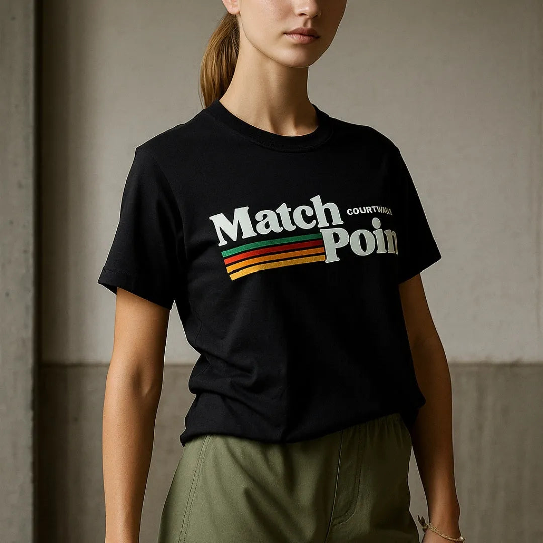Black men's casual T-shirt with a 3D digital printed text pattern on the front.