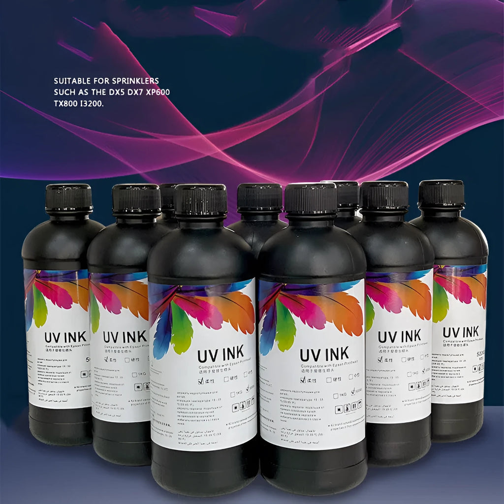 500ml bottle of Epson compatible UV printer ink for XP600 TX800 models, showing colour and viscosity options.