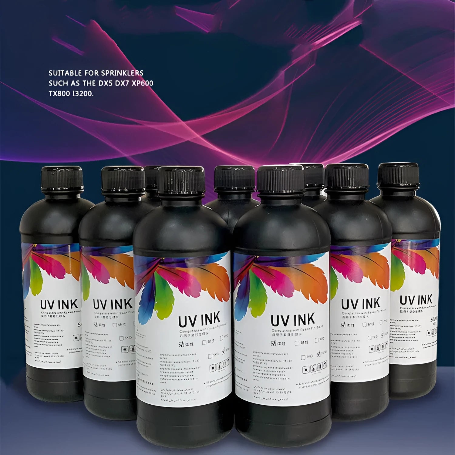 500ml bottle of Epson compatible UV printer ink for XP600 TX800 models, showing colour and viscosity options.