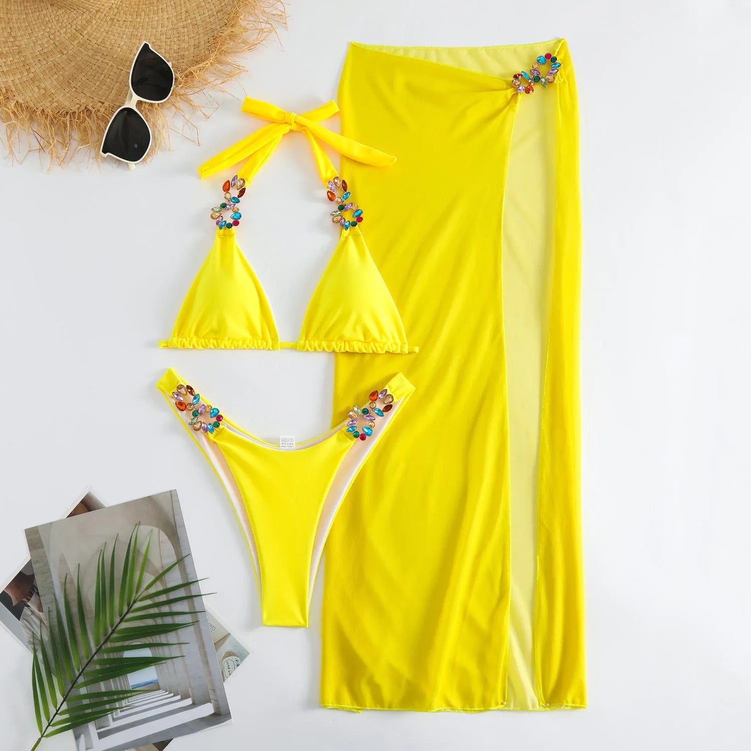 Rose Red women's three-piece swimsuit set with bikini top, pants, and long mesh skirt on a mannequin.