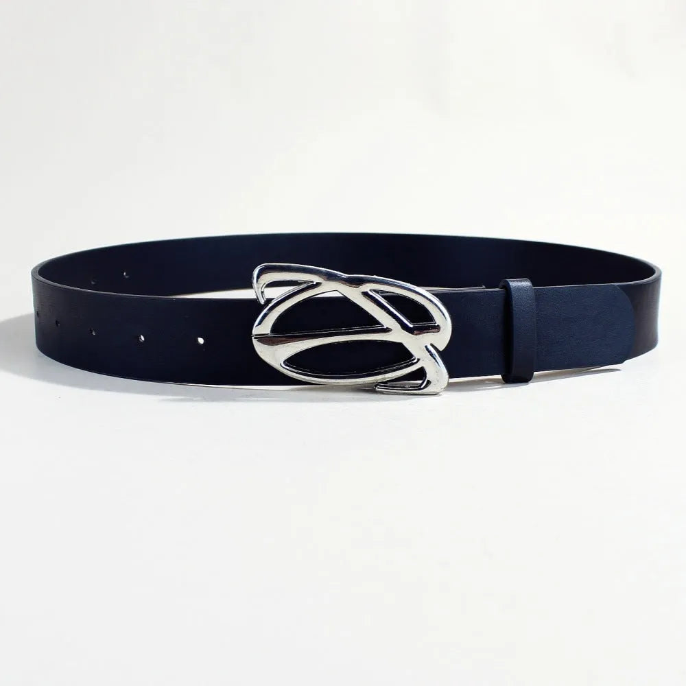 Silver buckle PU leather belt with snap button closure, 105cm length