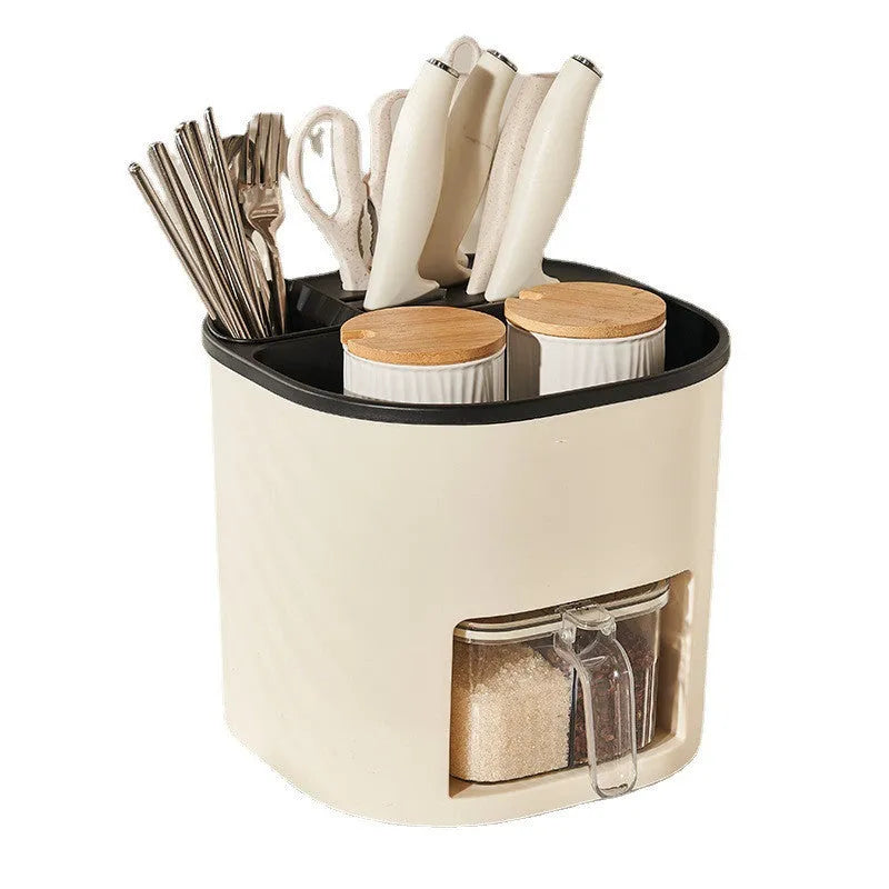 White rotating kitchen storage bucket with an integrated four-section spice box for cutlery and seasoning organisation.