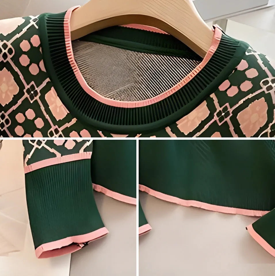 Women's green printed long sleeve sweater in loose fit free size with regular sleeves