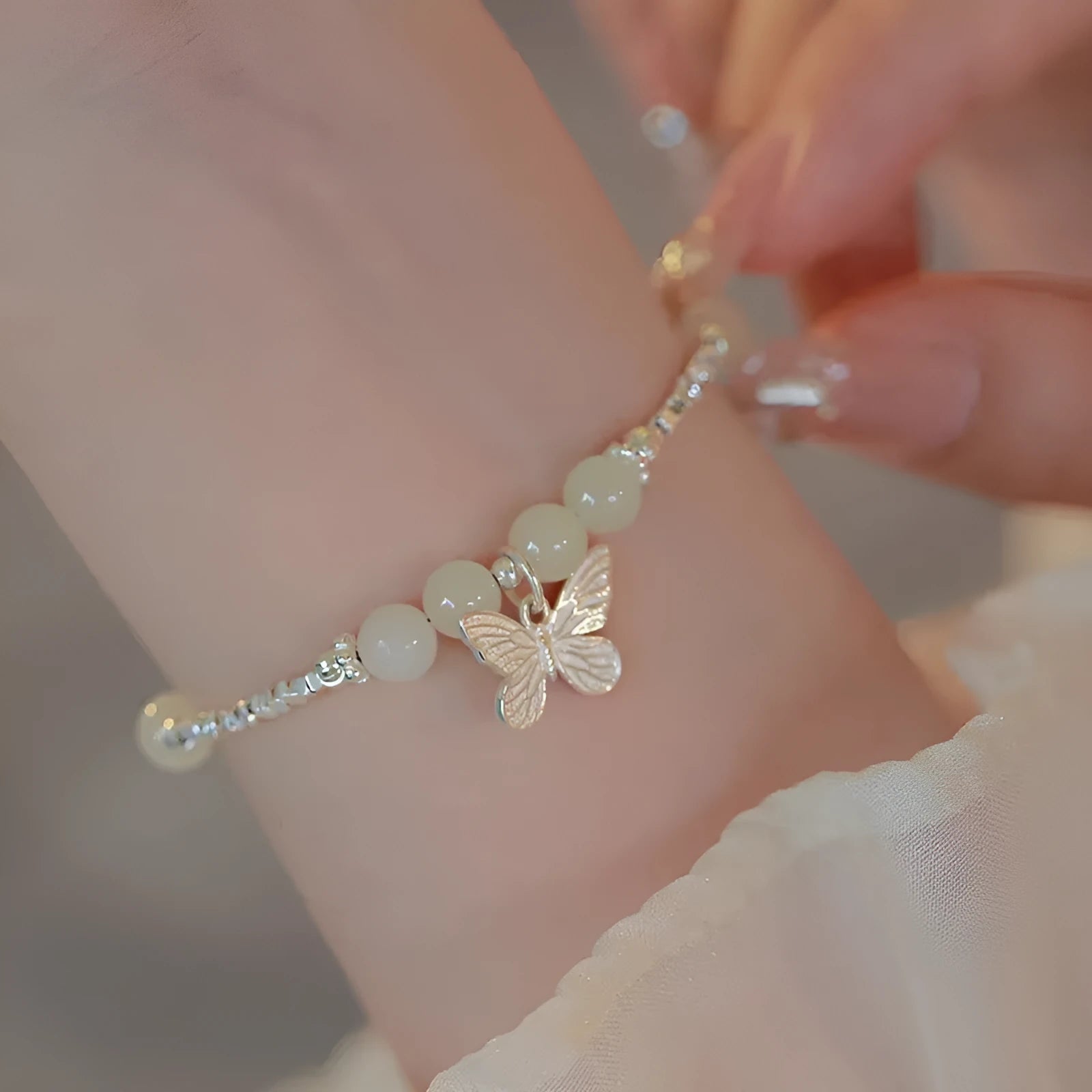 Women's Hetian jade bracelet and necklace set with silver butterfly charms on electroplated copper
