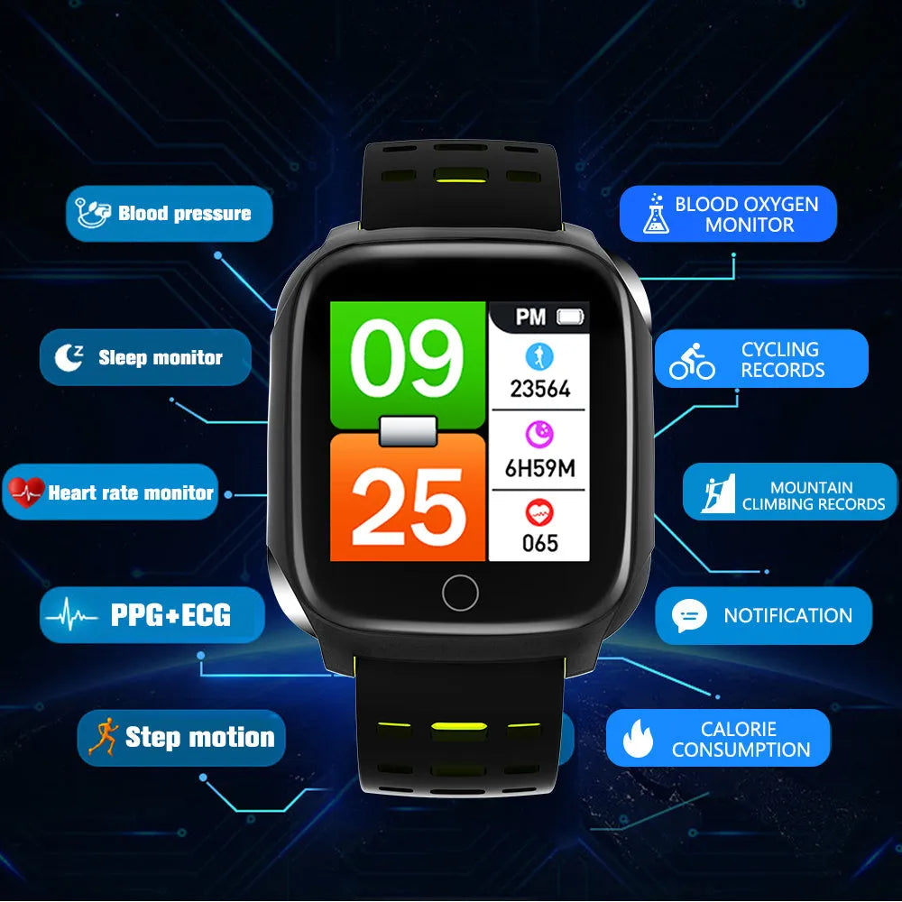 F16 smart watch with ECG monitor on a silicone strap, showing black, grey, green, and red colour options