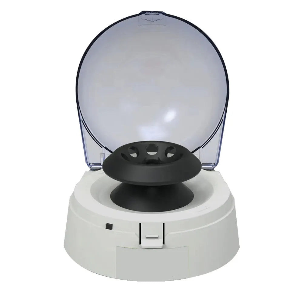 Mini laboratory centrifuge with compact benchtop design measuring 157mm × 170mm × 120mm