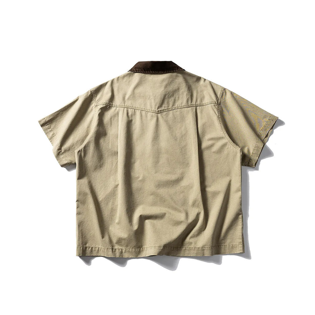 Men's washed cotton overalls shirt with short sleeves in loose cardigan style
