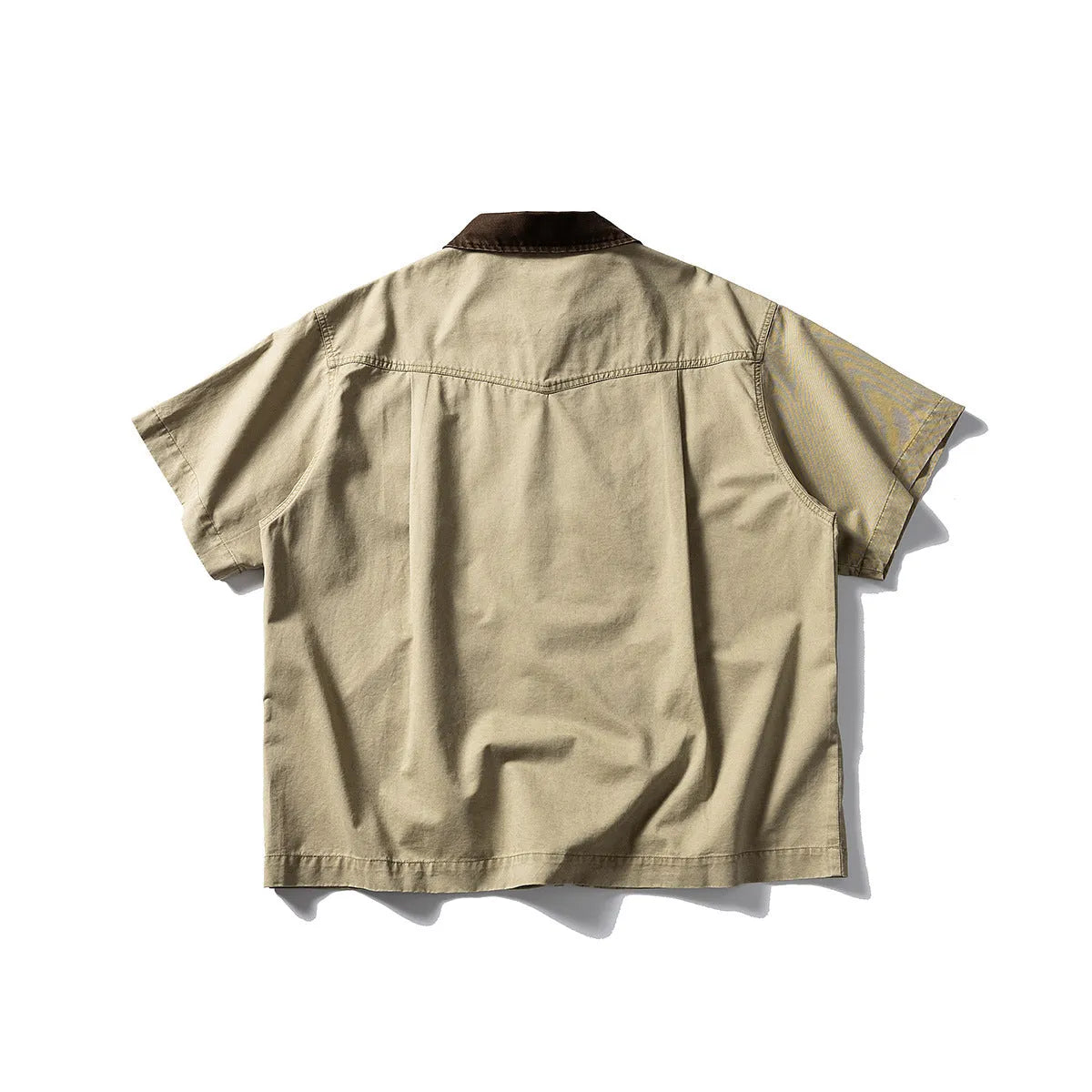 Men's washed cotton overalls shirt with short sleeves in loose cardigan style