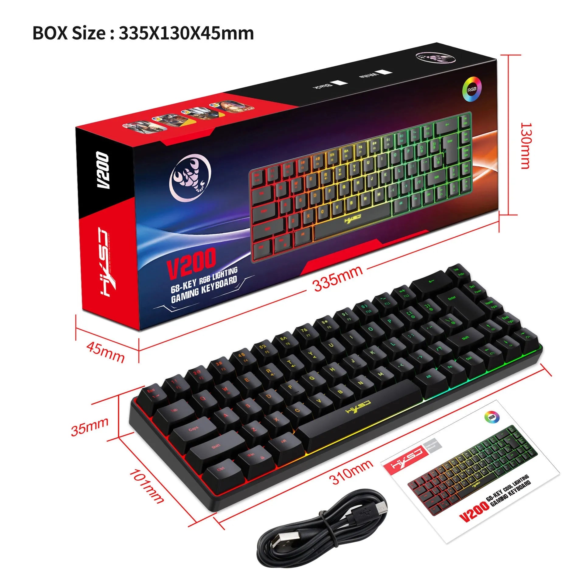 V200 mechanical feeling membrane gaming keyboard compact 68 keys black colour wired USB