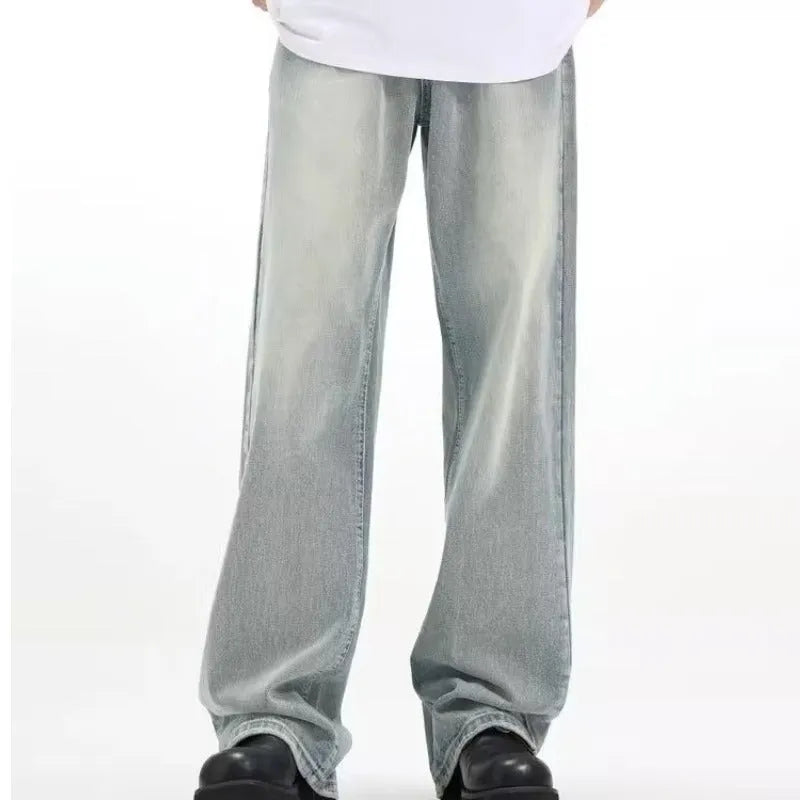 Blue retro loose-fit casual trousers made from rabbit fur fabric.