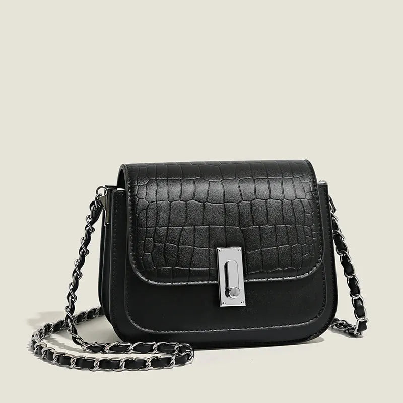A soft black PU leather women's chain shoulder bag with a square shape and sandwich pocket design.