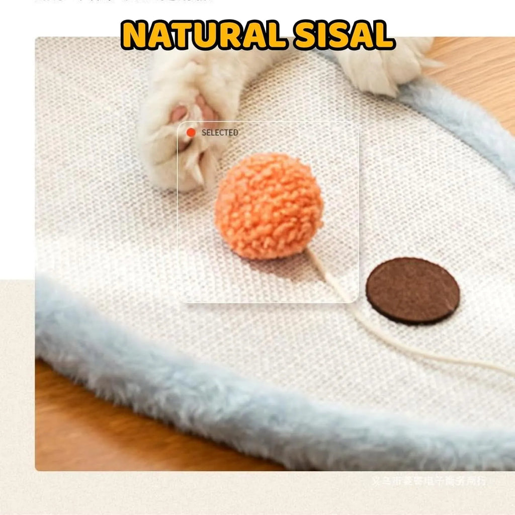 White cat scratching mat with natural sisal surface featuring sleeping cat cartoon design