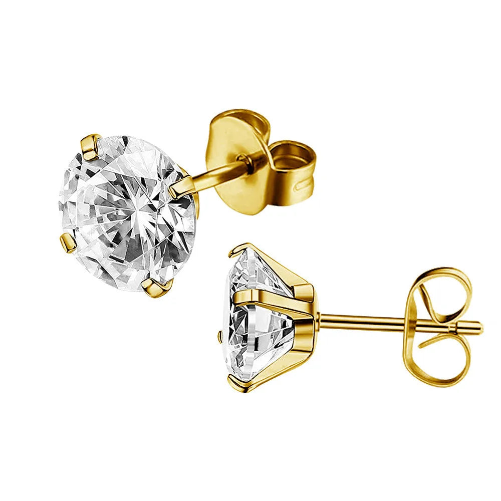 Geometric square stainless steel stud earrings with round zircon stones in gold and steel colour finishes