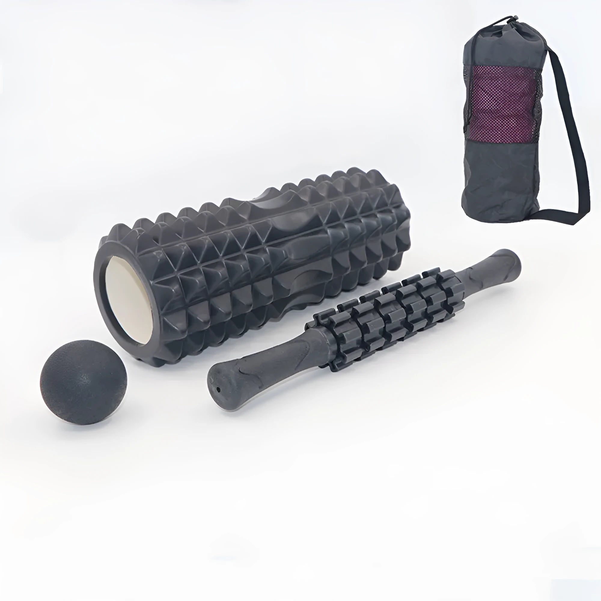 Black 33cm foam roller set with massage shaft and gear massage bar stick for fitness and health massage