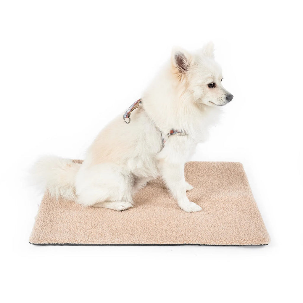 Grey self-heating plush pet pad for cats and dogs on a wooden floor