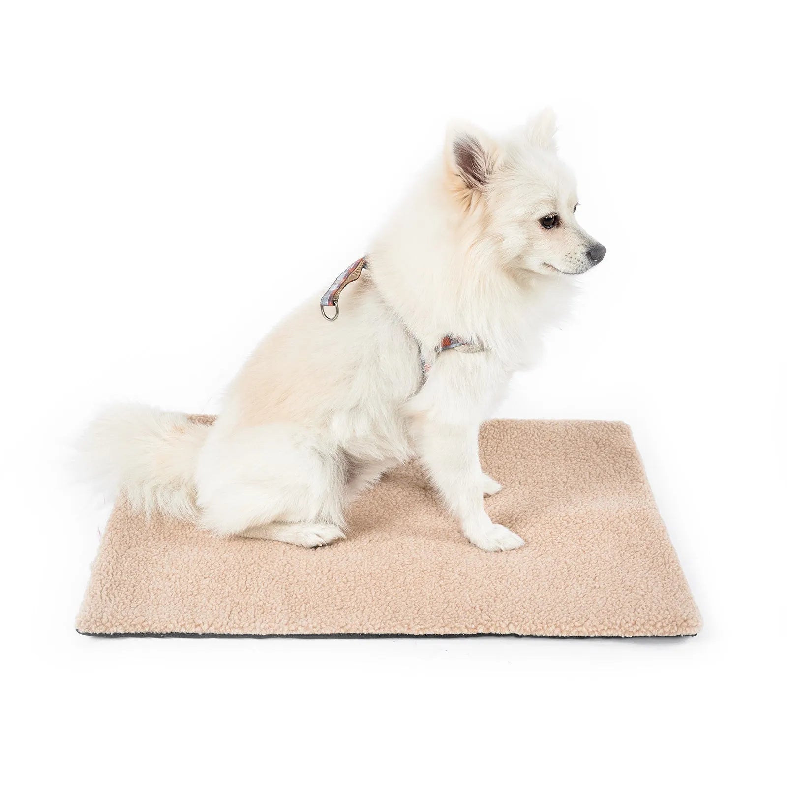 Grey self-heating plush pet pad for cats and dogs on a wooden floor