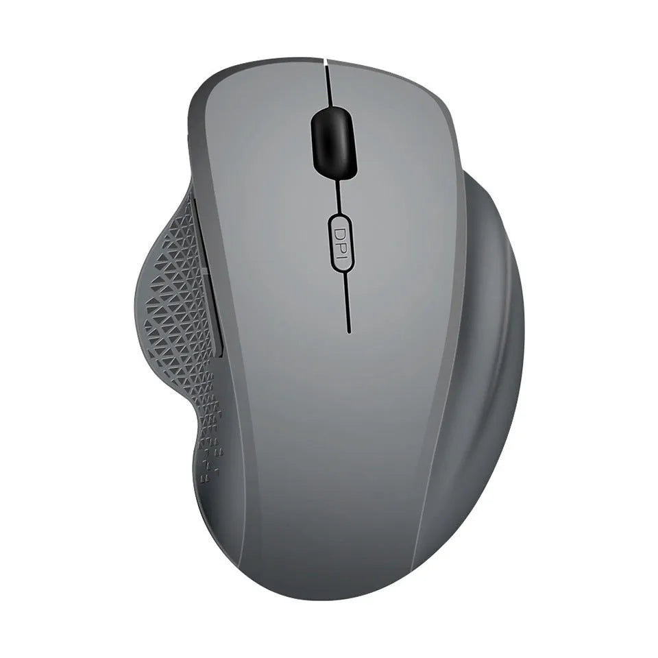 Black and grey wireless laptop mouse with USB charging cable on white background