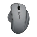 Black and grey wireless laptop mouse with USB charging cable on white background