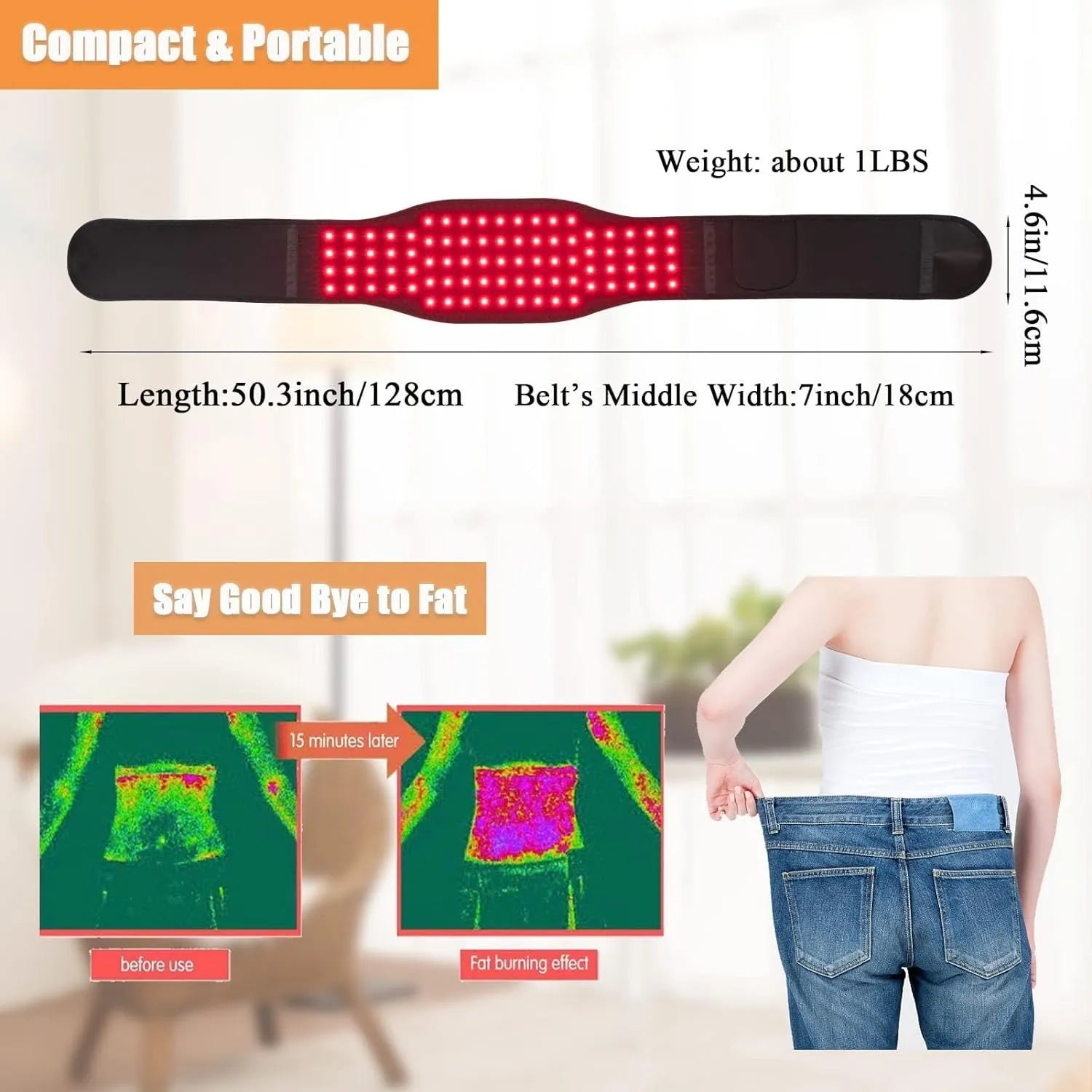 Black adjustable infrared therapy belt for waist and back pain relief with red light heat therapy