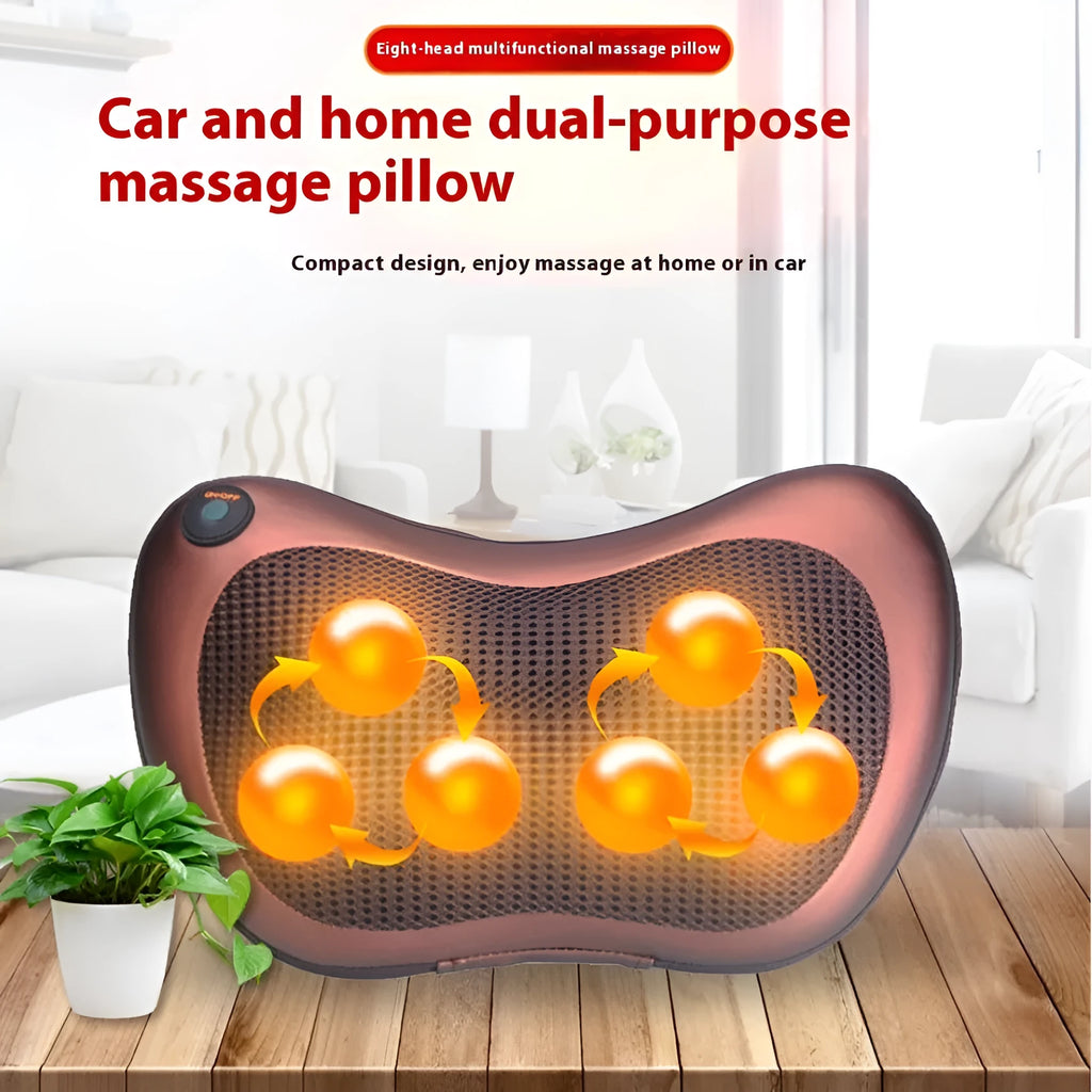 Black genuine leather neck and shoulder massage pillow with 8 massage heads, shown on a car seat.