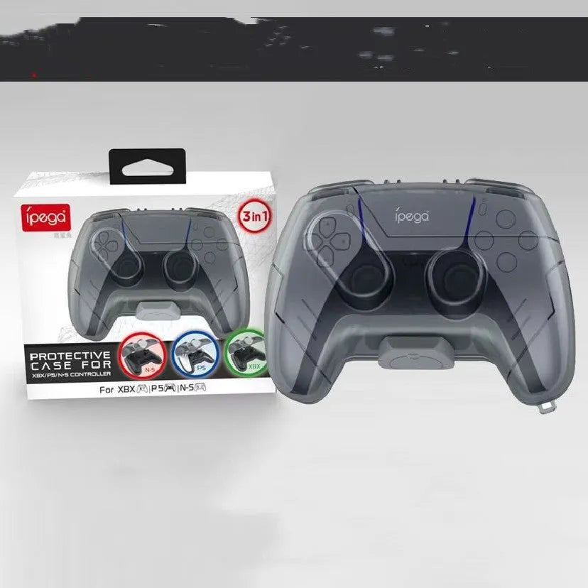 Transparent grey hard plastic game controller storage case with clip closure