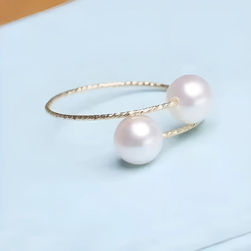 18k gold pearl elastic ring Au750 with white pearl inlay, adjustable band, women's jewellery