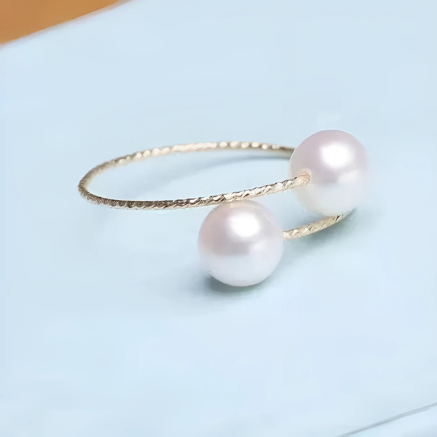 18k gold pearl elastic ring Au750 with white pearl inlay, adjustable band, women's jewellery