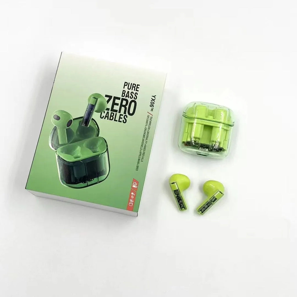 YX06 wireless TWS headphones in transparent cabin design with Bluetooth 5.3 and four colour options