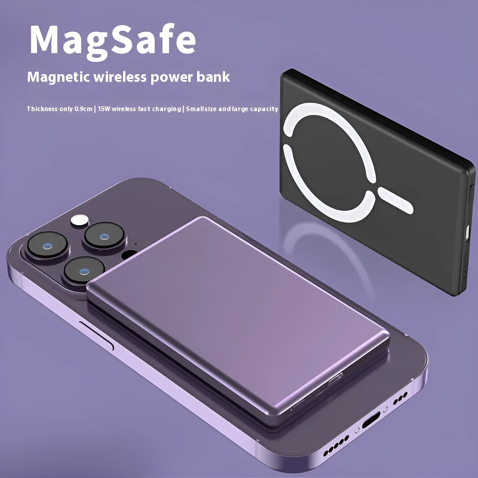 Ultra-thin magnetic power bank with alloy shell in dark gray colour showing 9mm slim profile