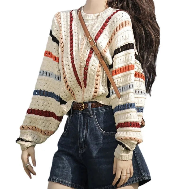 Rainbow striped loose fit sweater with batwing sleeves in round neck pullover style