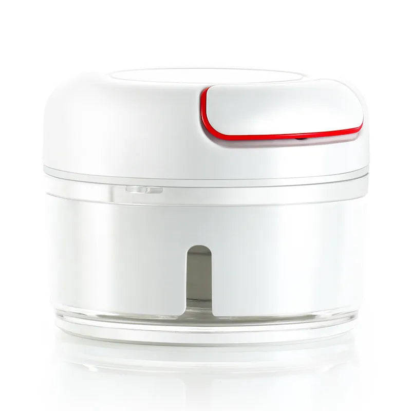 Compact manual food chopper with plastic housing and stainless steel blades for vegetable preparation