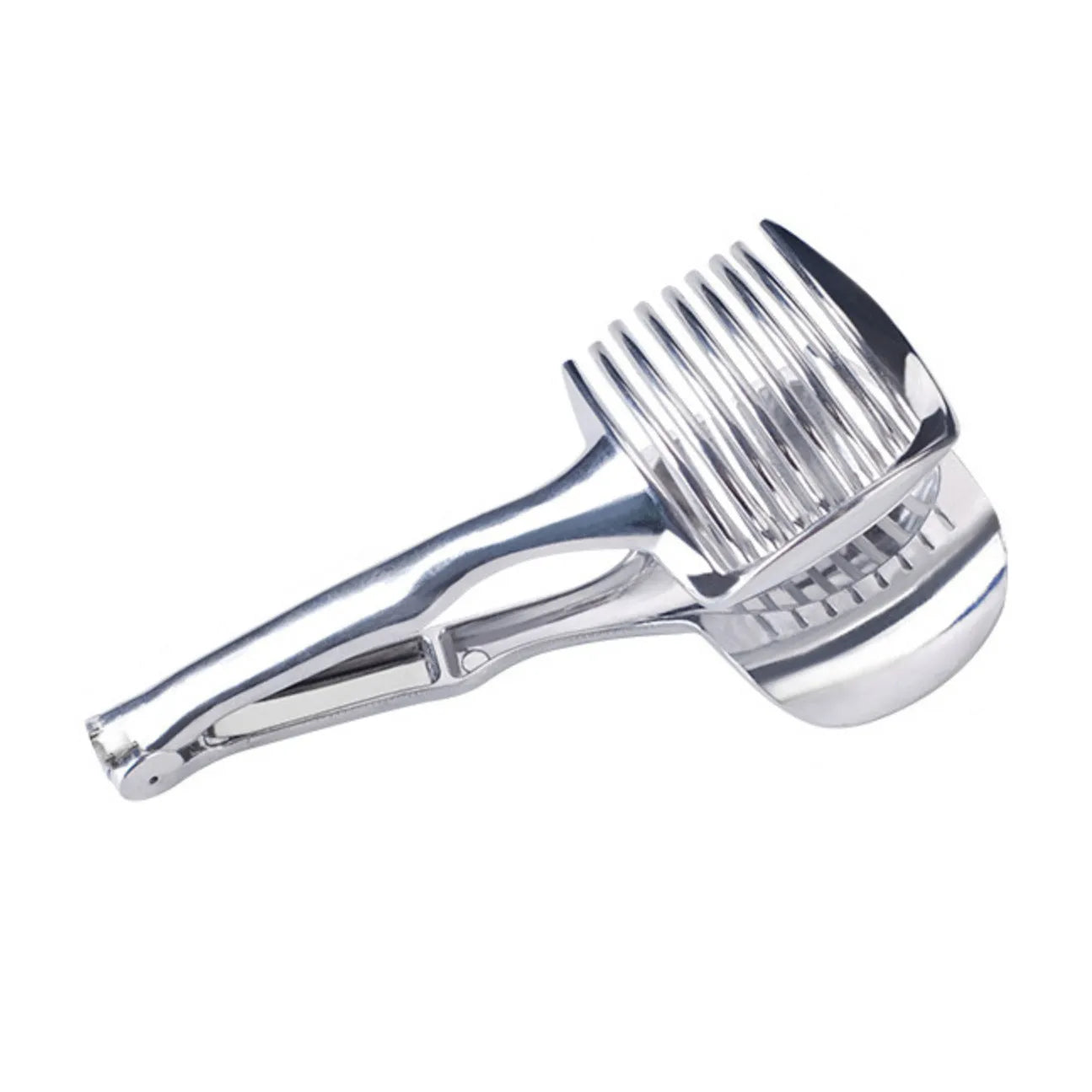 Silver plastic lemon slicer kitchen gadget for cutting fruit and vegetables
