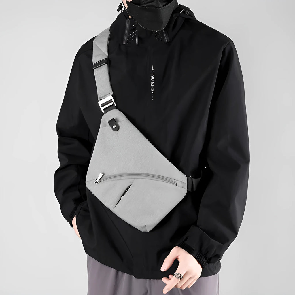 Men's grey Oxford cloth chest bag with single shoulder strap worn cross-body