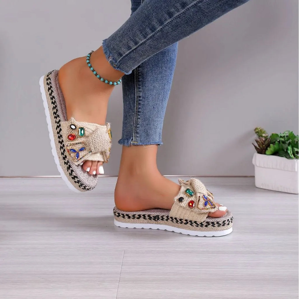 Women's creamy-white platform sandals with beach bow decoration and cloth upper
