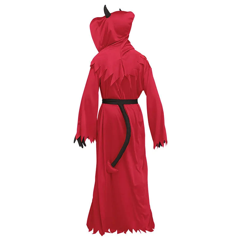 Red Halloween demon cosplay costume with serrated hem dress, horned hood, plush tail, wrist gloves, and translucent glasses