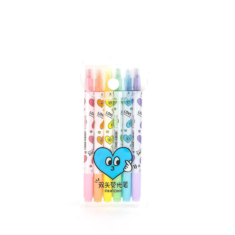 Set of six double-headed watercolour highlighter pens in pink, orange, yellow, green, blue, and purple.