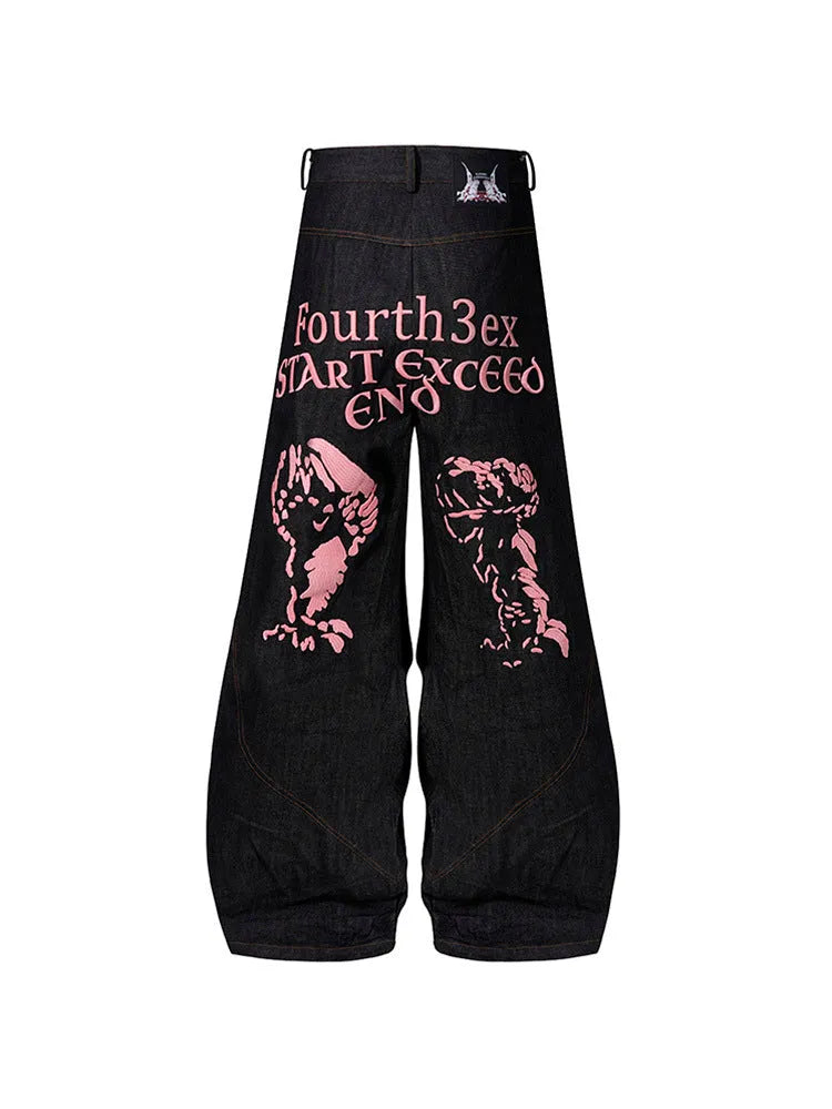 Black wide-leg jeans with temperature-sensitive embroidery on red ears, Korean loose straight style