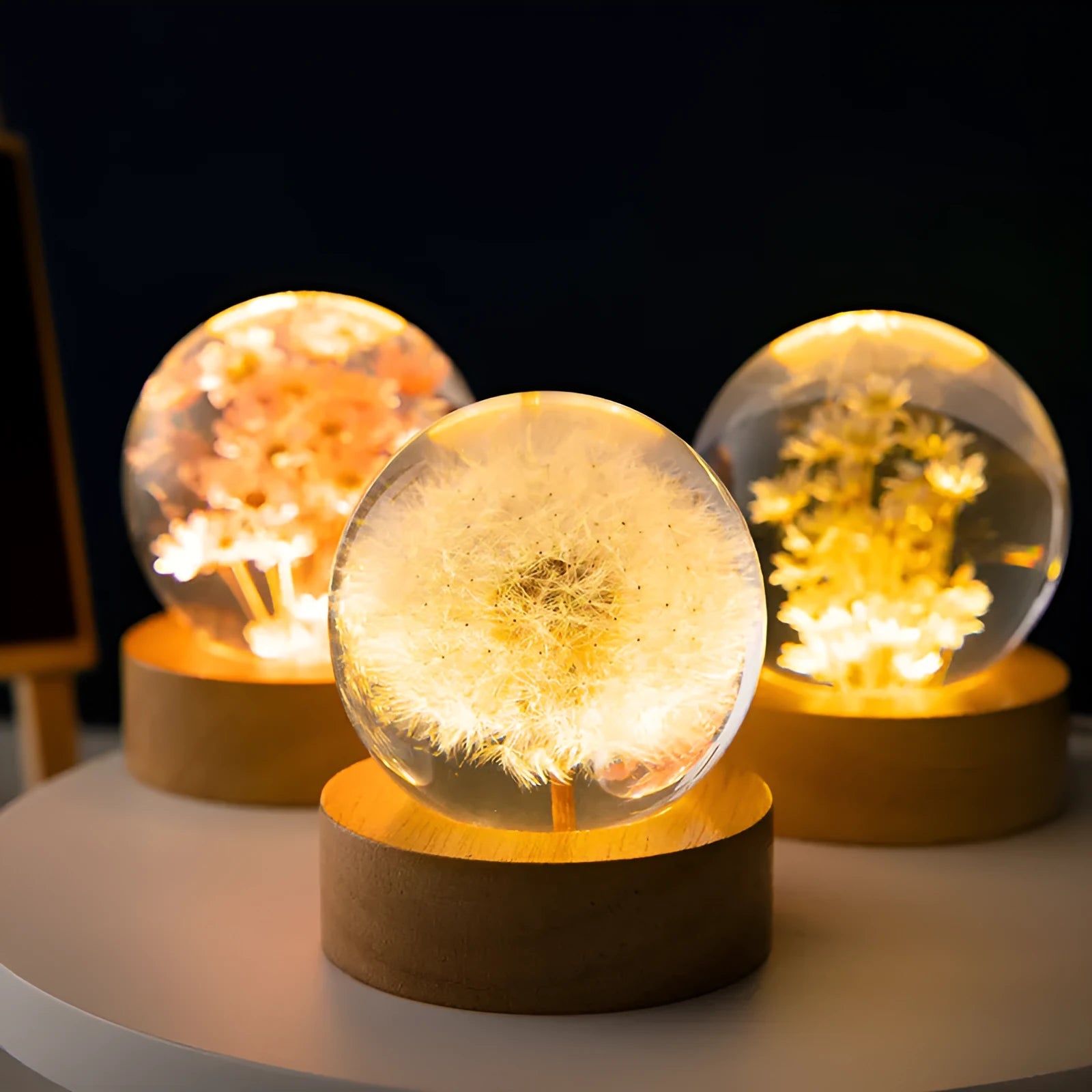 3D dandelion crystal ball on beech wood base with USB cable, showing preserved flower detail inside resin sphere
