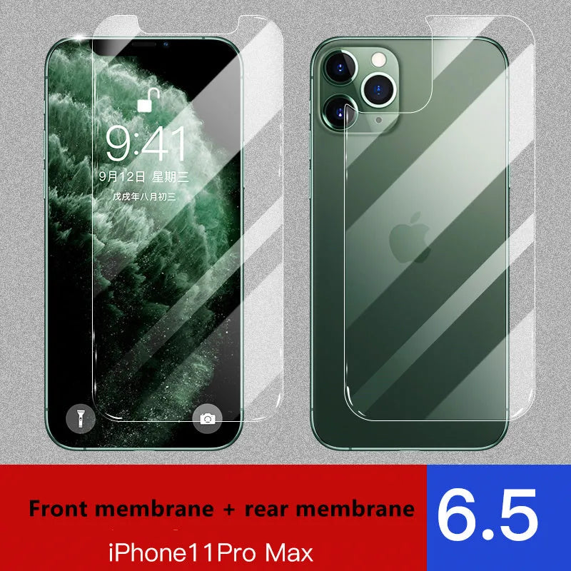 iPhone 11 Pro Max tempered glass screen protector with rear film showing 10D explosion-proof edges.