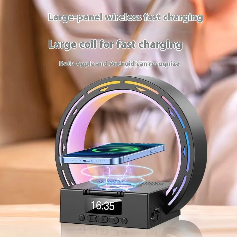 White multifunctional Bluetooth speaker bedside unit with digital clock display and wireless charging phone on top.
